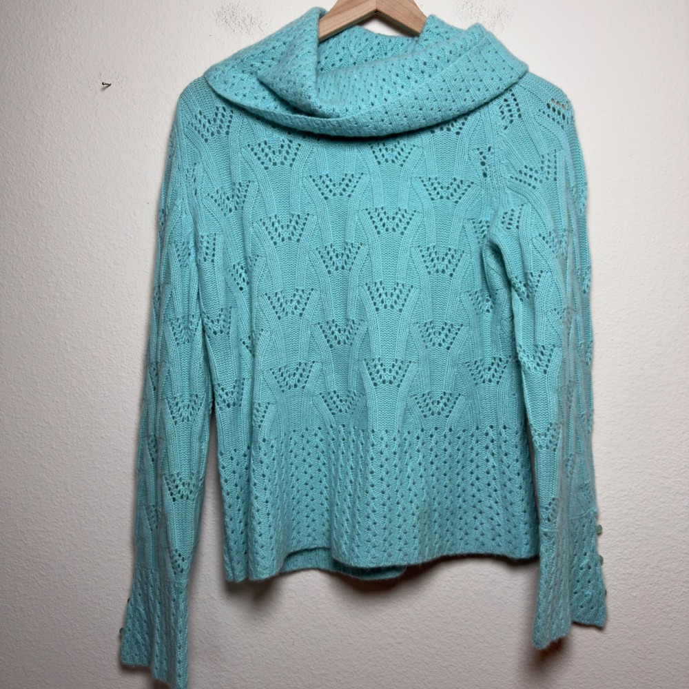 Grayson & Dunn Women 100% Cashmere Sweater Large Aqua‎ Blue Cowl Neck Pointelle
